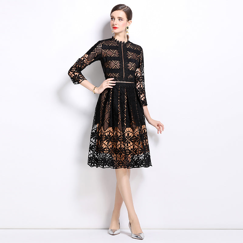 Original design mid long sleeved slimming hollow out water-soluble lace positioning printed mid length dress for spring, summer, autumn vacation