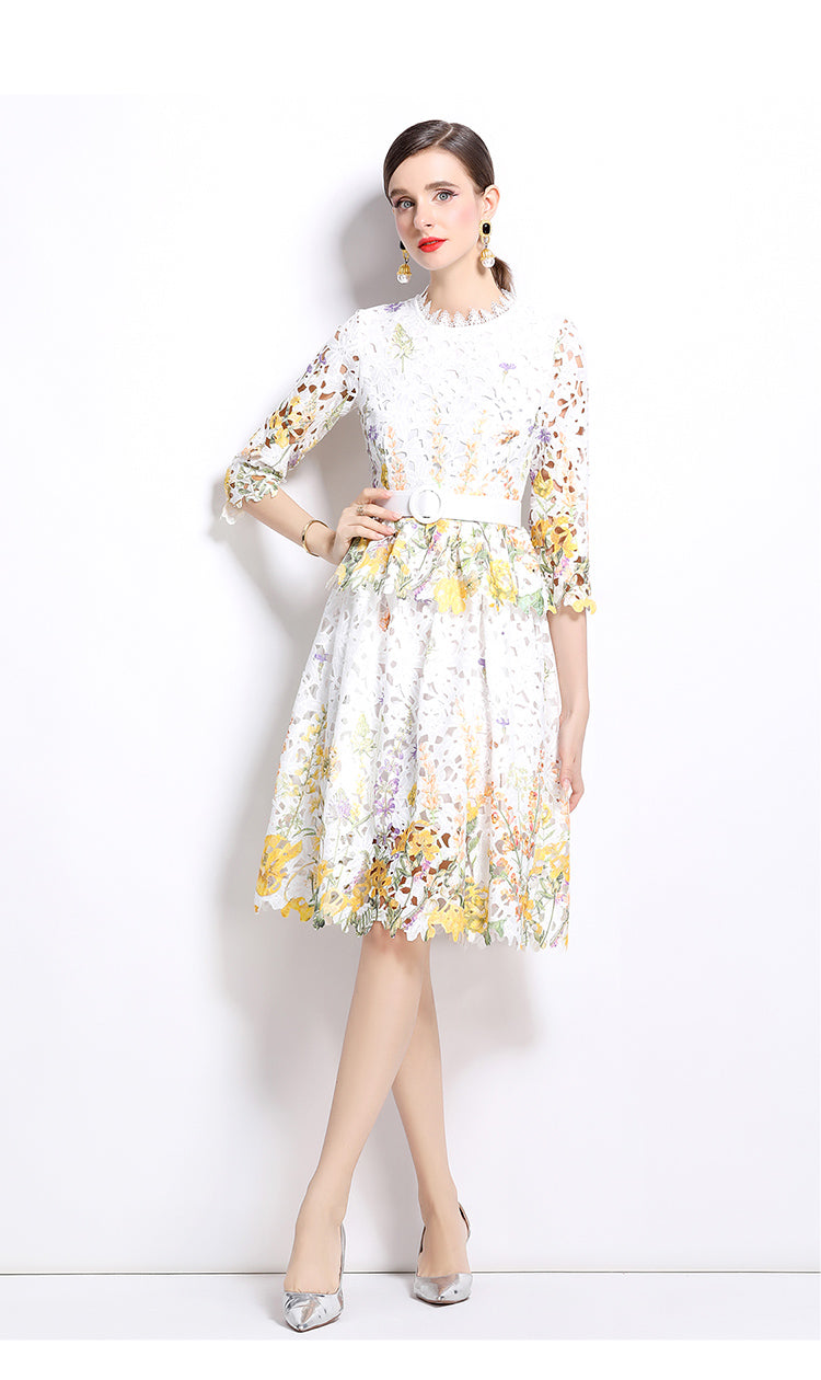 Original design mid long sleeved fashionable slimming hollow out water-soluble lace positioning mid length dress