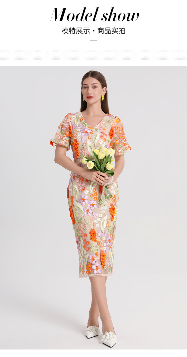 Artwork boutique handmade three-dimensional wheat ear embroidered French temperament dress