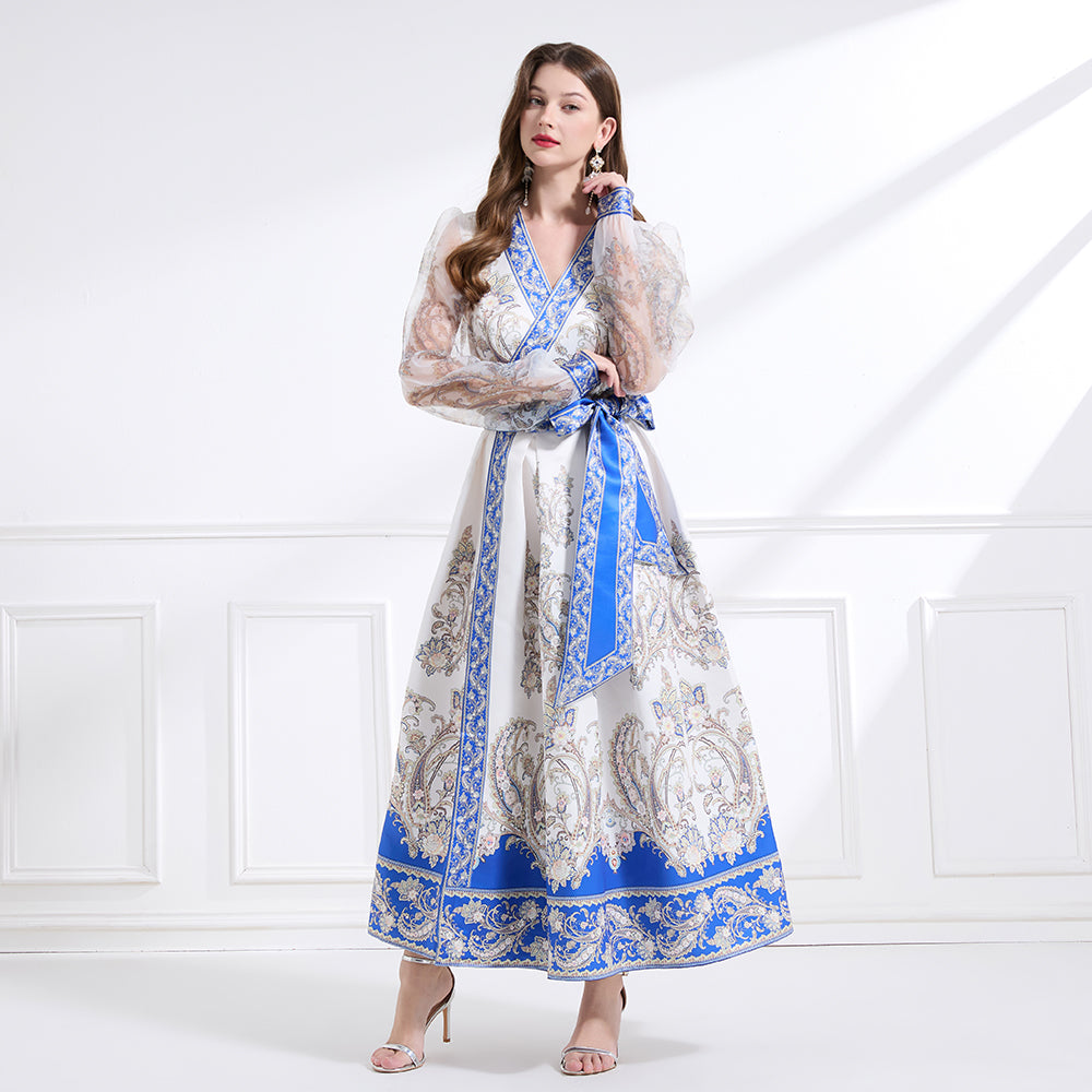 Original design - spring and summer resort style lace patchwork print waist maxi skirt ruffle dress