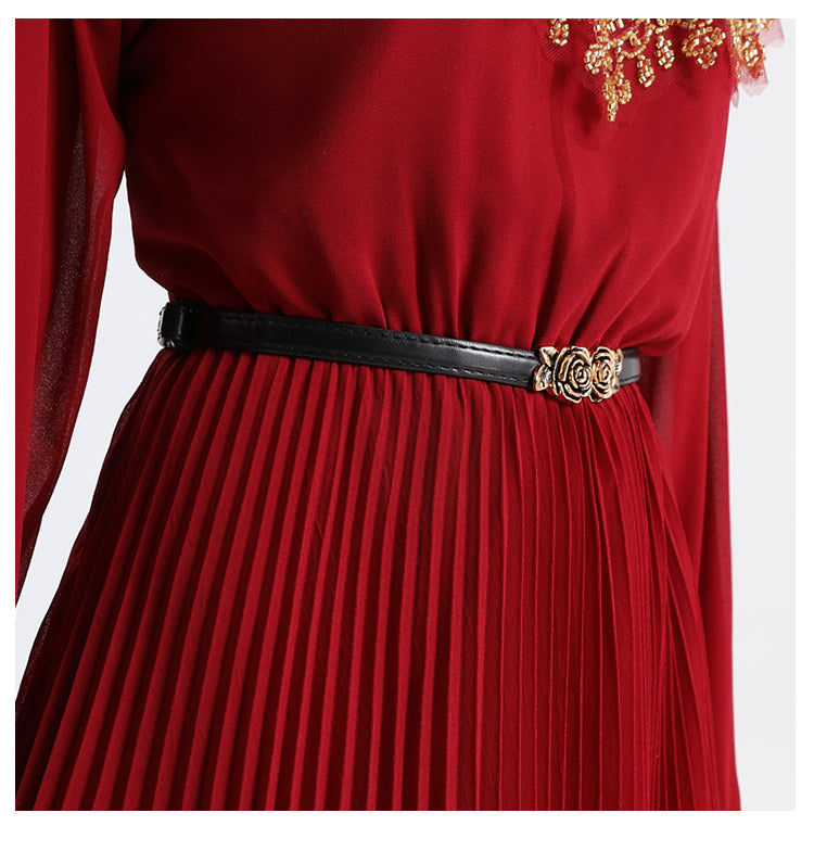 Original design premium pleated belt with gold beaded sequins draped over a chiffon pleated jumpsuit