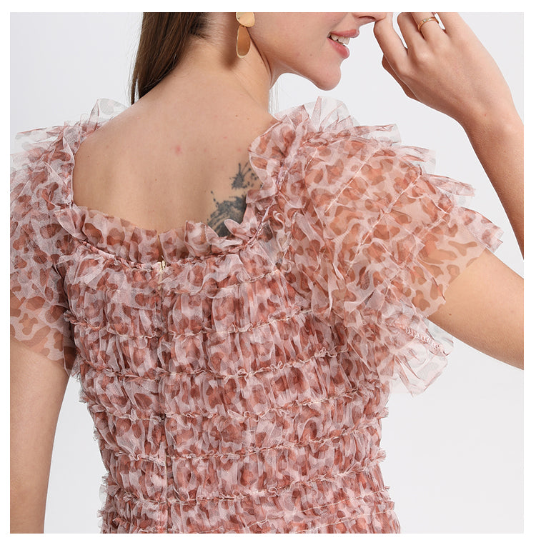 Beautiful French leopard print puff sleeve one-shoulder mesh temperament dress