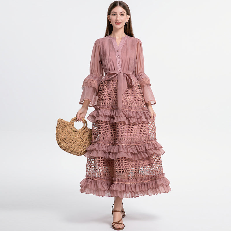 French retro court-style cut-out lace patchwork with fungus trim and flared sleeves at the waist