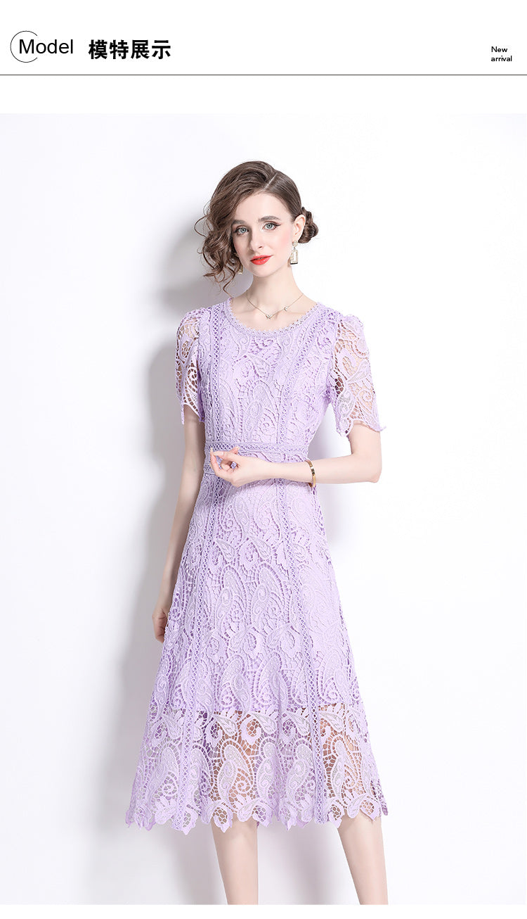 Original design temperament short sleeved skirt slim fit waist cinching heavy industry water-soluble lace dress for women