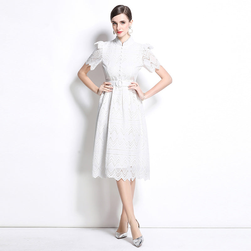 Original design elegant patchwork waist cinching short sleeved dress