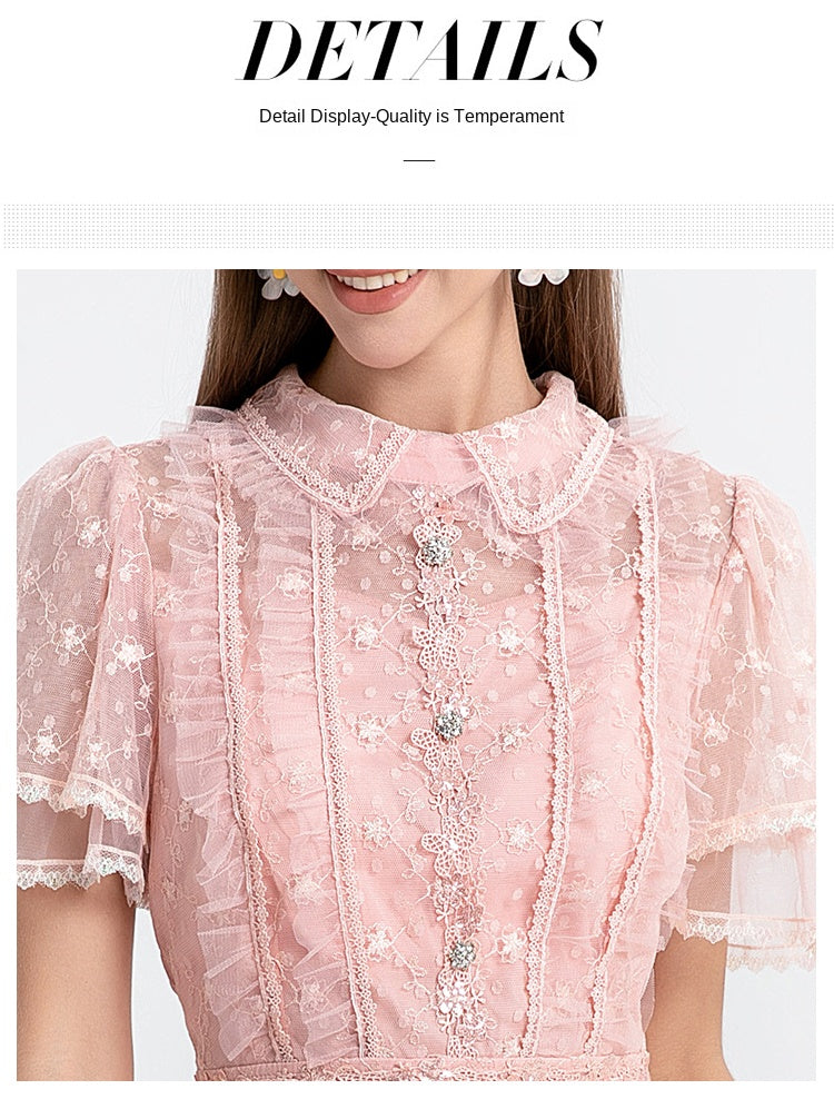 Short-sleeved French sweet lace cake skirt with a diamond waist temperament dress