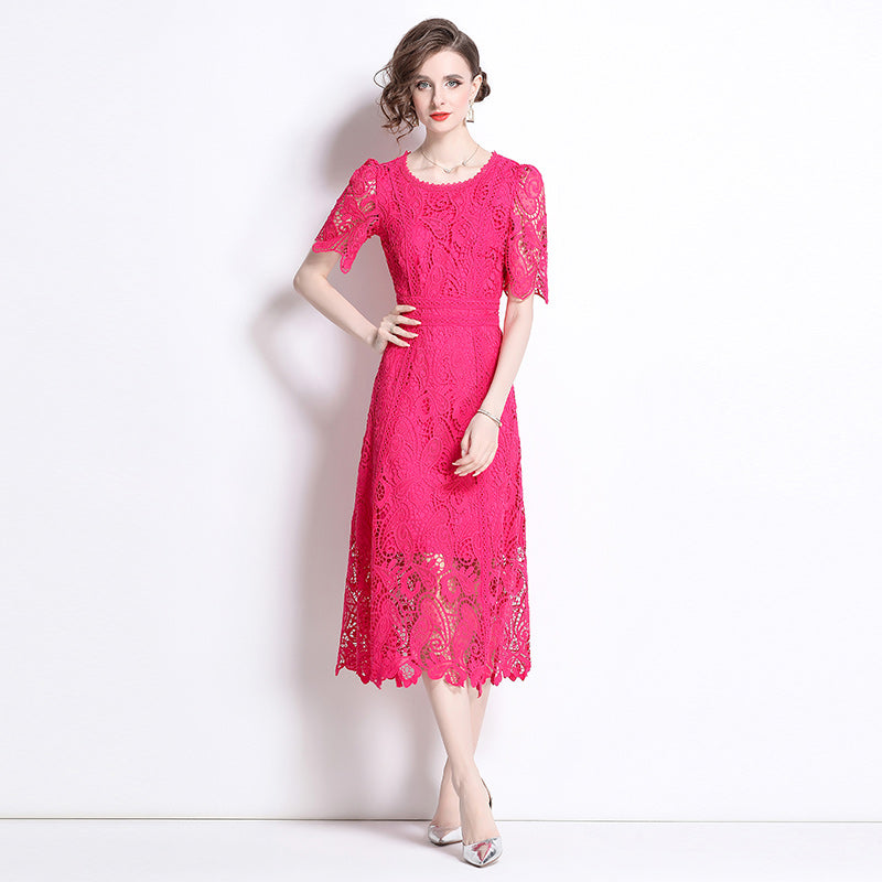 Original design temperament short sleeved skirt slim fit waist cinching heavy industry water-soluble lace dress for women