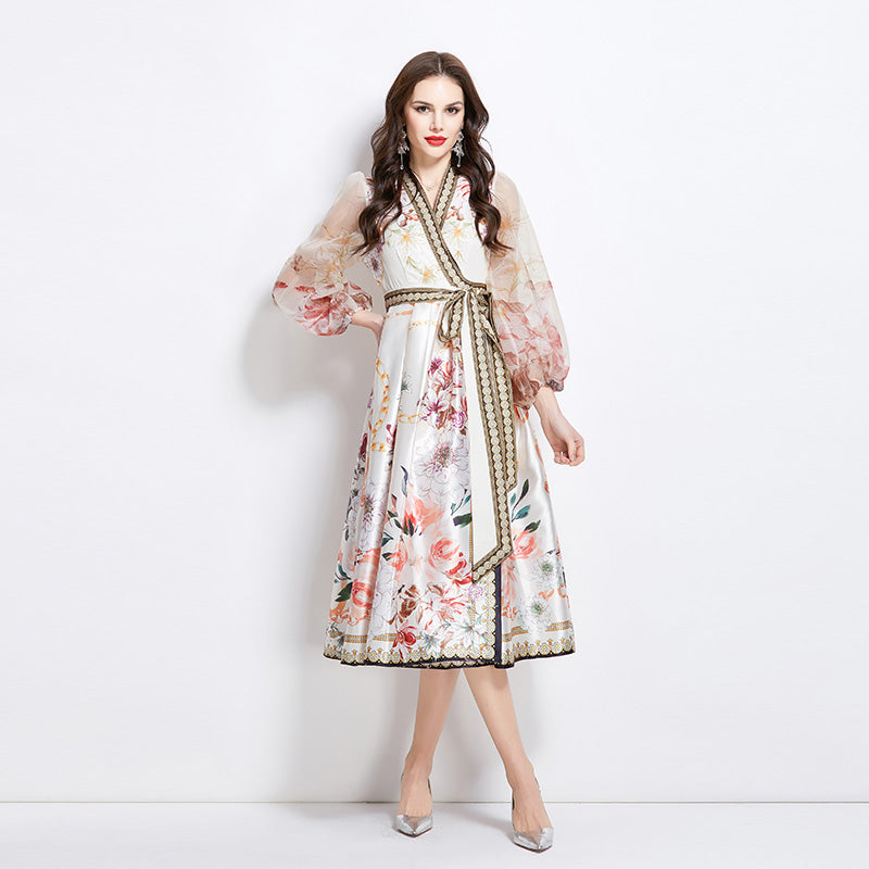 Original design for spring and summer V-neck ethnic style printed satin wrapped long length dress