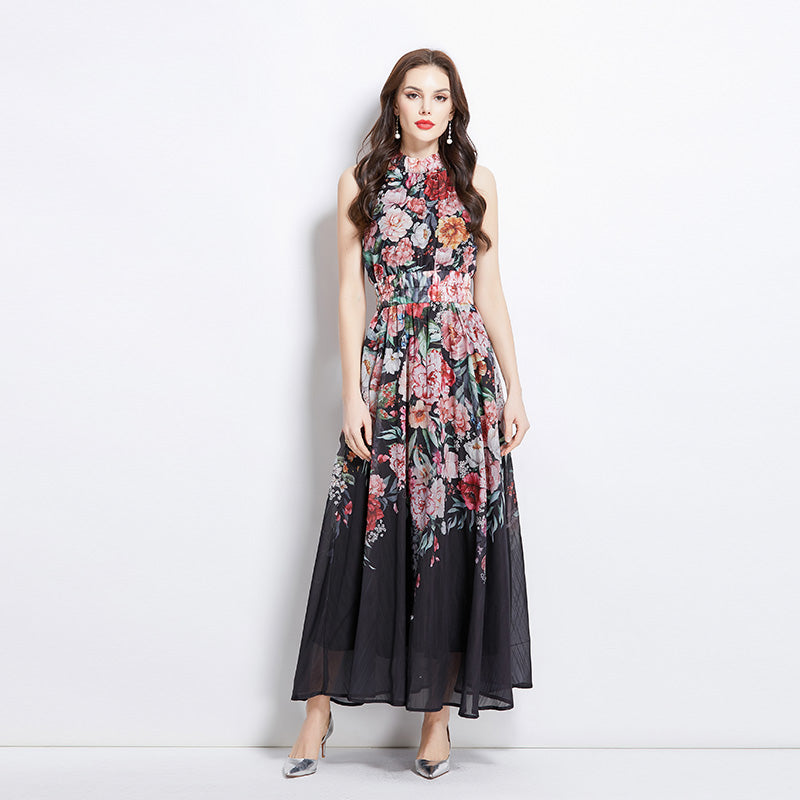 Original Design Spring/Summer Vacation New Oil Painting Flower Printed Hanging Neck Long Dress