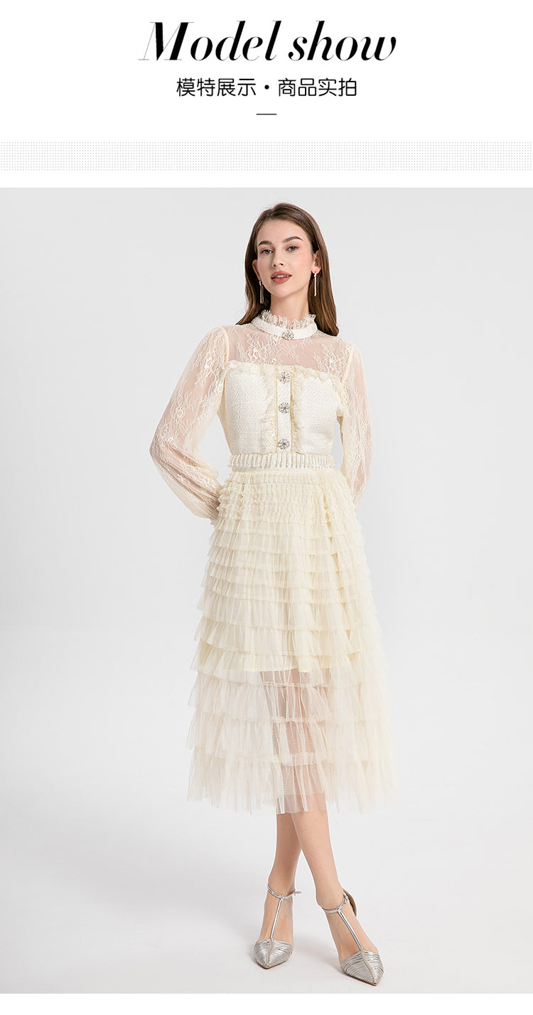 Women's clothing heavy art, coarse tweed splicing mesh cake skirt