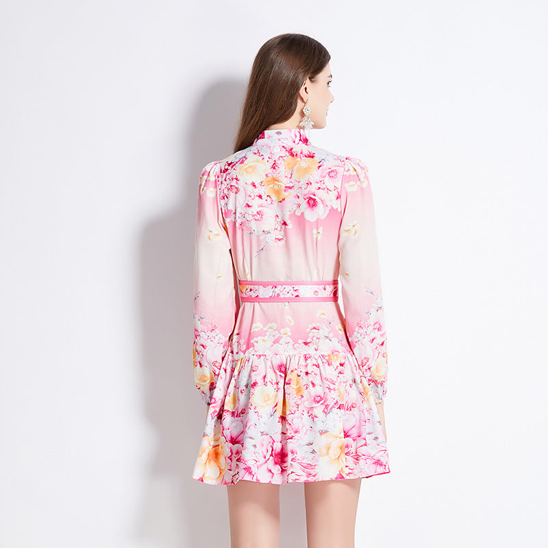Original Design Spring/Summer Autumn Vacation New Flower Oil Painting Style Stand up Collar Long Dress