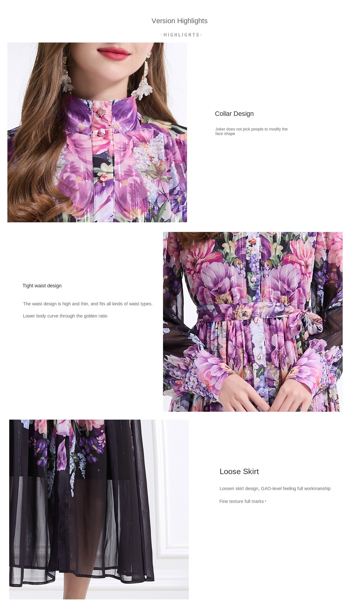 Original design - stand collar, watercolor, floral print, balloon sleeves, cinched waist, large skirt, ruffled skirt