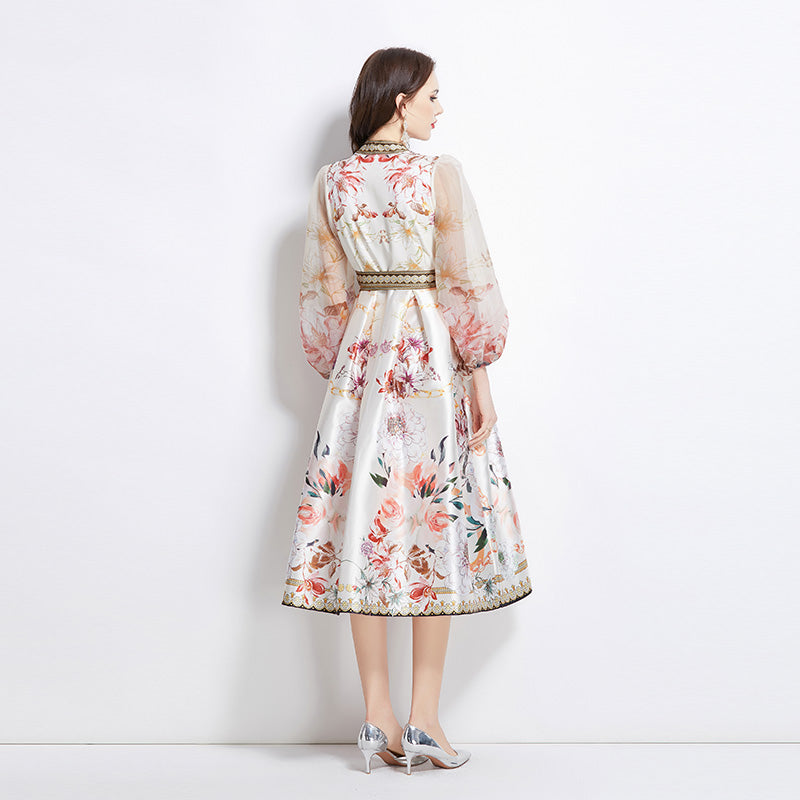 Original design for spring and summer V-neck ethnic style printed satin wrapped long length dress