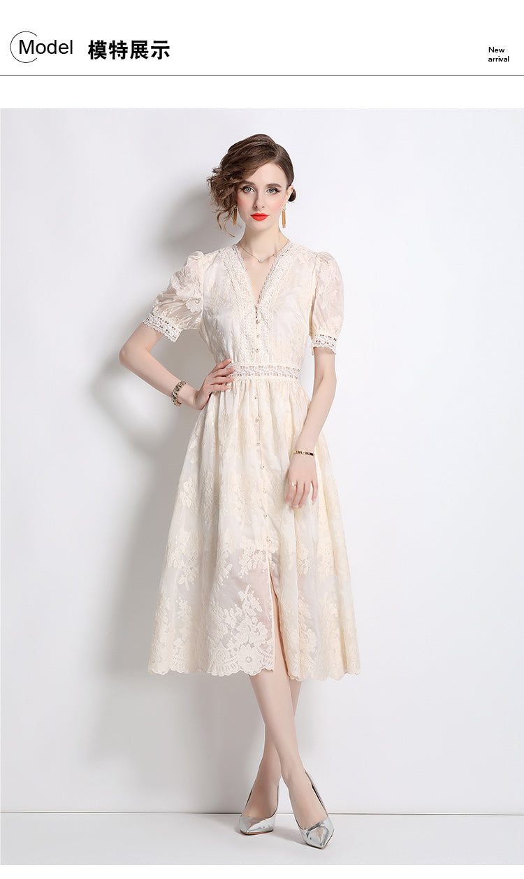 Original Design: Spring/Summer Embroidered V-neck Dress with Lace and Lace Charm Slimming Skirt