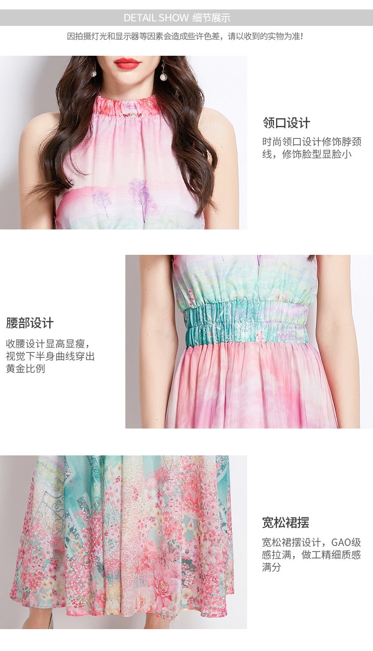 Original design: spring, summer, autumn vacation, new oil painting, flower print, halterneck maxi dress