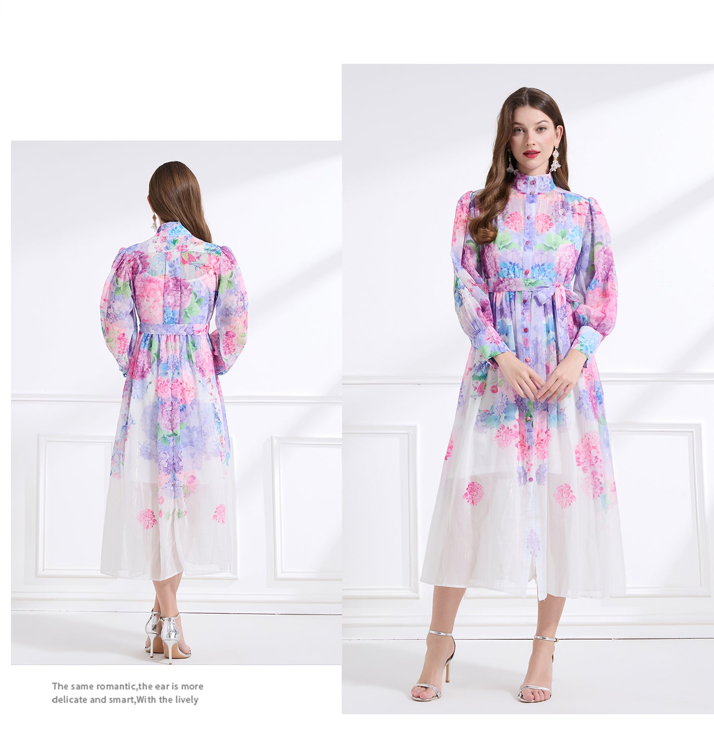 Original design - stand collar, watercolor, floral print, balloon sleeves, cinched waist, large skirt, ruffled skirt