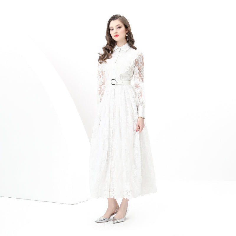 Original design: Spring, Summer, Autumn, Vacation lapel style, embroidered lace, balloon sleeves, lace, long vintage dress