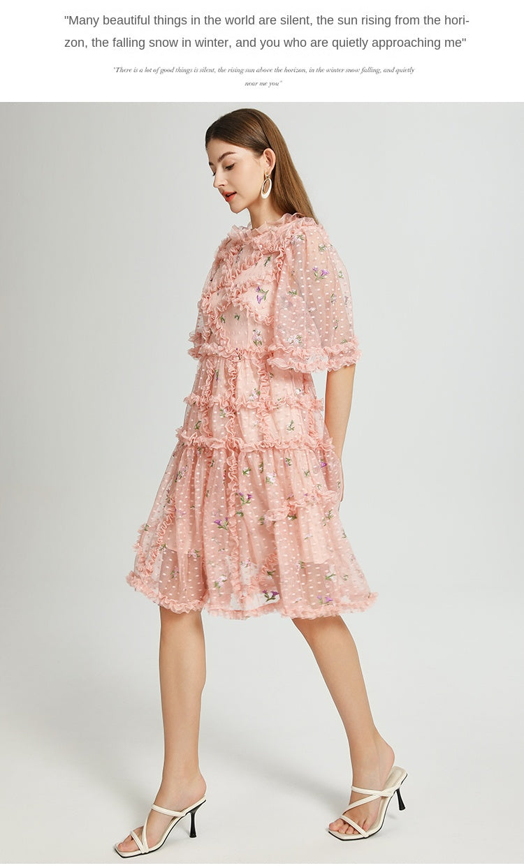Artwork French romantic boutique custom gauze small floral embroidery short vintage cake dress