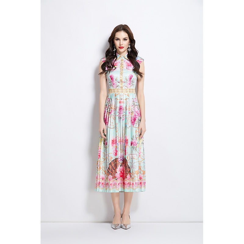 Original design for spring and summer palace pattern sleeveless mid length dress