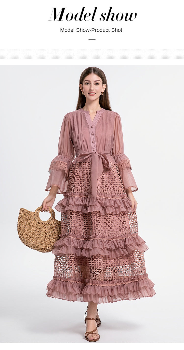 French retro court-style cut-out lace patchwork with fungus trim and flared sleeves at the waist