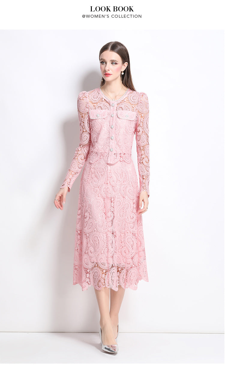 Original design for spring and summer small fragrance style set light luxury and high-end water-soluble lace skirt two-piece set