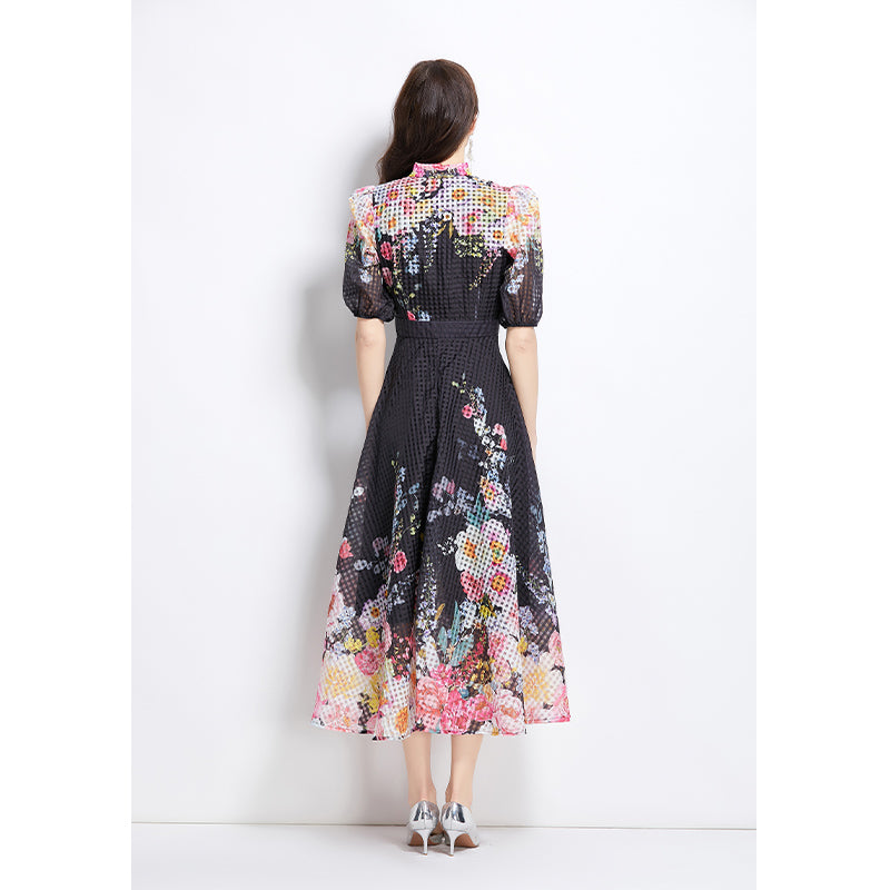 Original Design Spring/Summer Vacation New Oil Painting Flower Bubble Sleeve Medium length Dress
