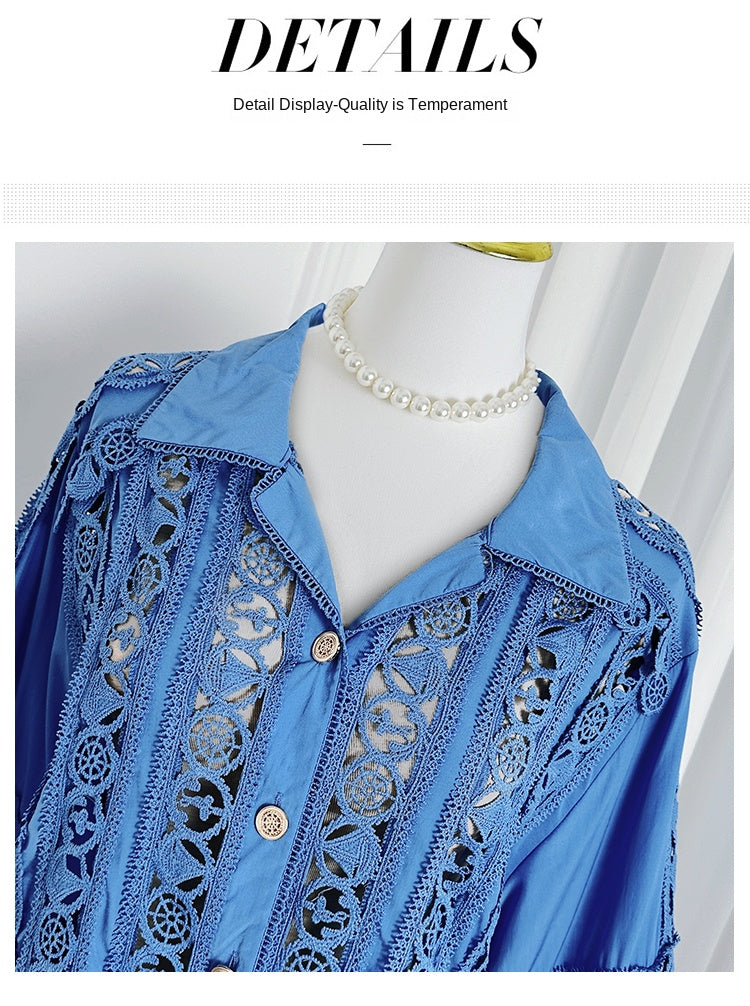 Original Design Heavy Industry Boutique Hollow Collar Lace Splicing Pendant Lace and Long Skirt Set