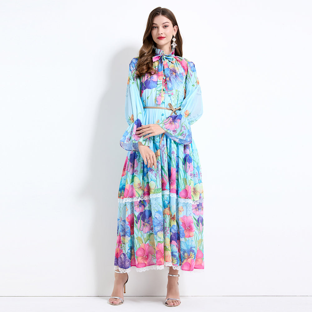 Original design - spring and summer fake lace cake skirt floral print waist ruffle skirt