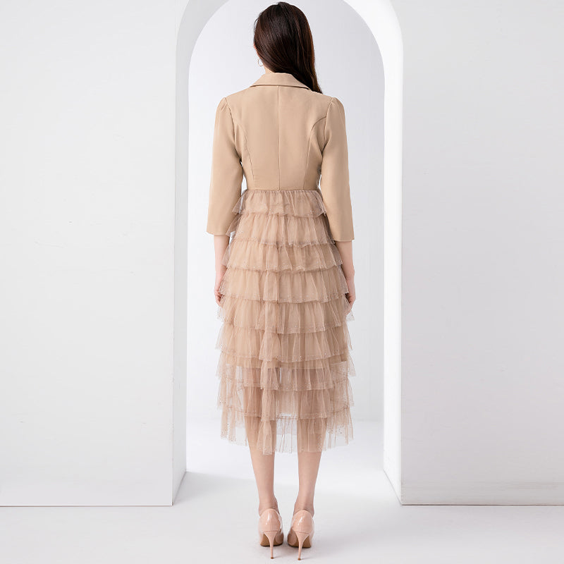 Original design exquisite mesh cake skirt patchwork suit dress temperament fake 2pieces