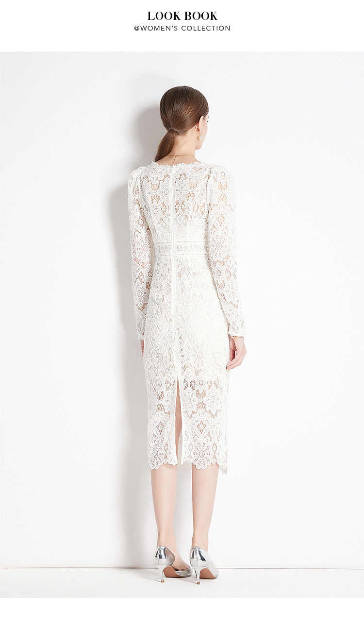Original design for spring and summer water-soluble lace V-neck slim fit mid length dress for women