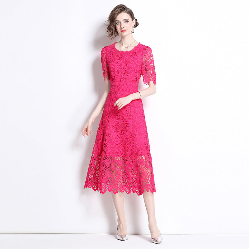 Original design temperament short sleeved skirt slim fit waist cinching heavy industry water-soluble lace dress for women