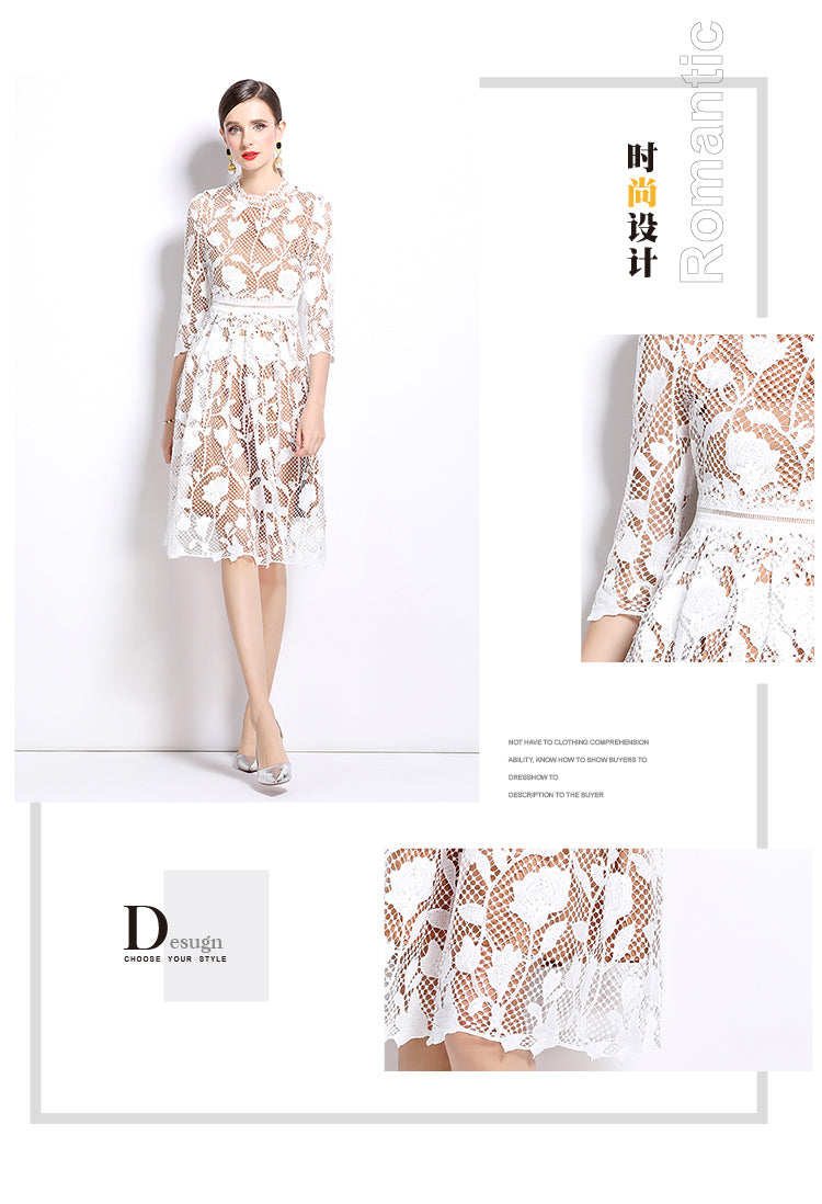 Original design mid long sleeved high-end fashion, slimming and hollowed out water-soluble lace mid length dress