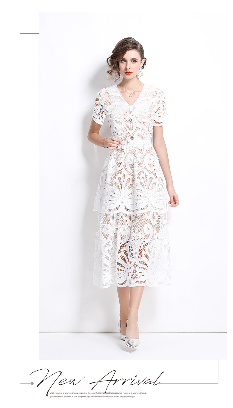 Original Design: Spring/Summer French Luxury Water soluble Embroidered Medium length Skirt with V-neck and Waist cinching to Look Thin Dress