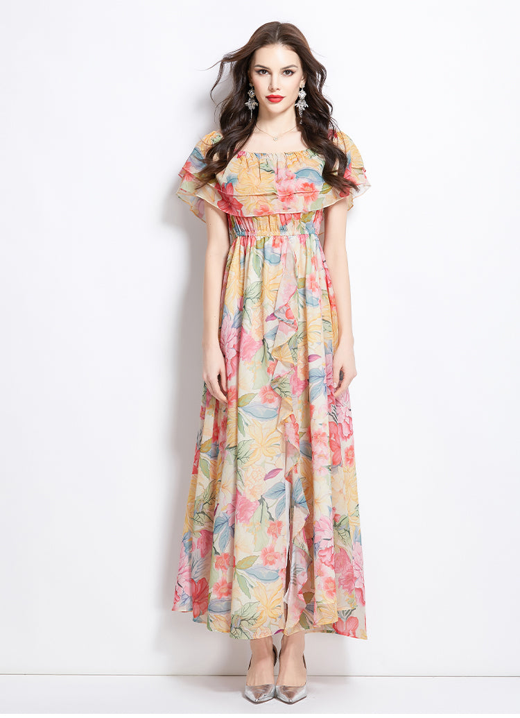 Original design for spring and summer new style with ruffled edge, one piece collar, waist cinched, big swing beach skirt, split chiffon dress
