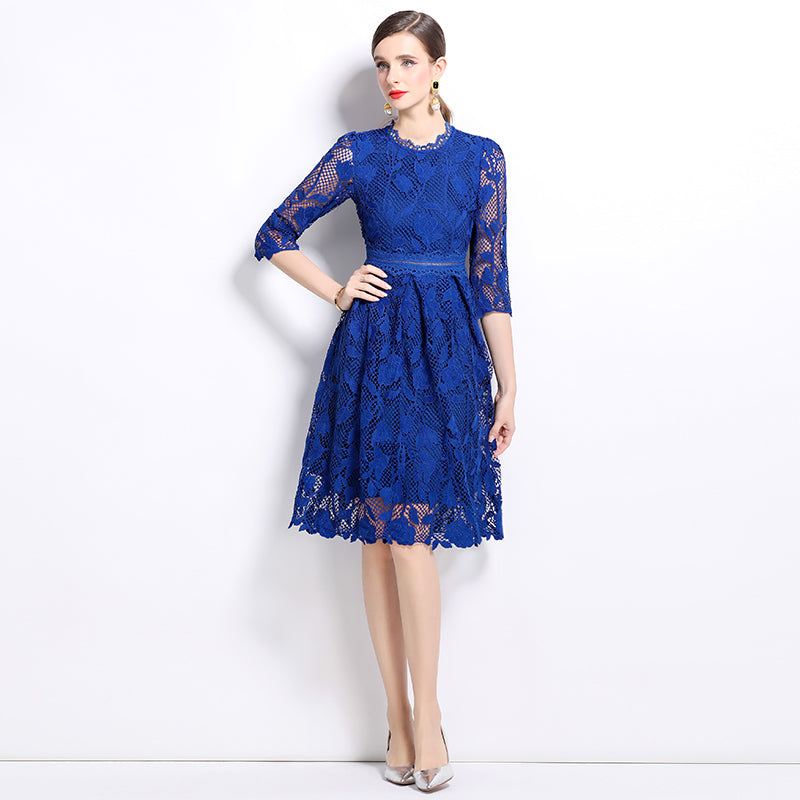 Original design mid long sleeved fashionable slimming hollow out water-soluble lace positioning mid length dress