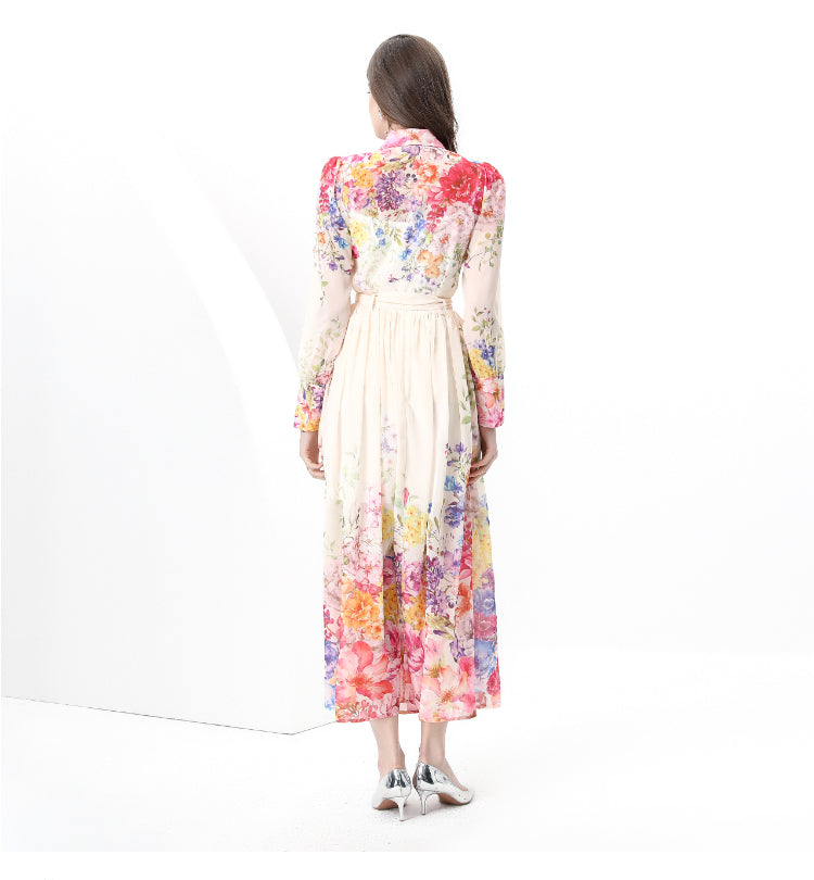 Original design: Spring, autumn and summer retro style balloon sleeve wavy edge long printed dress