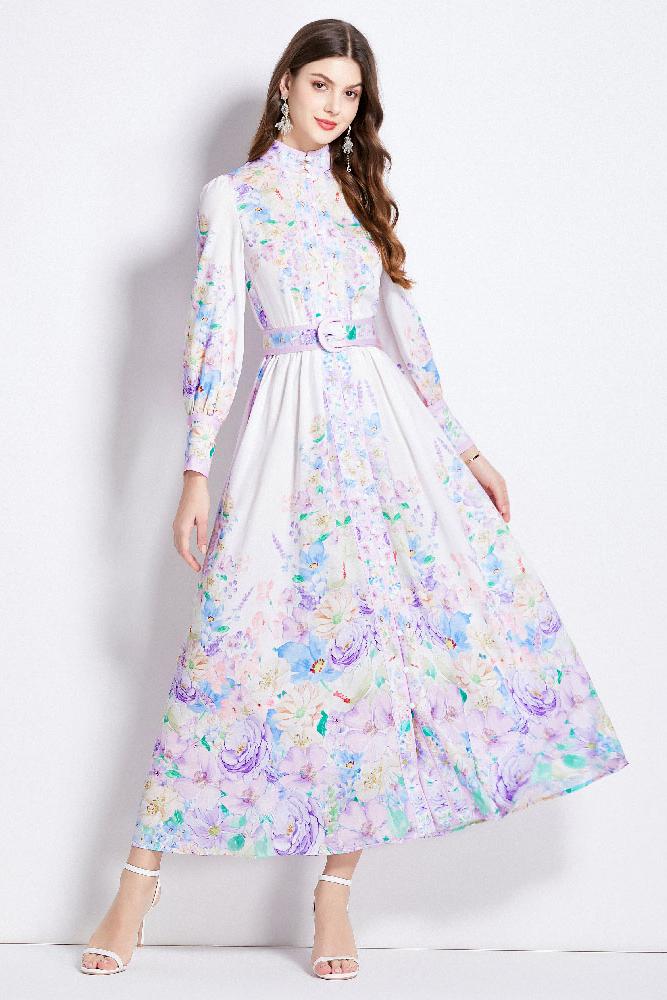 Original Design Spring/Summer Autumn Vacation New Flower Oil Painting Style Stand up Collar Long Dress