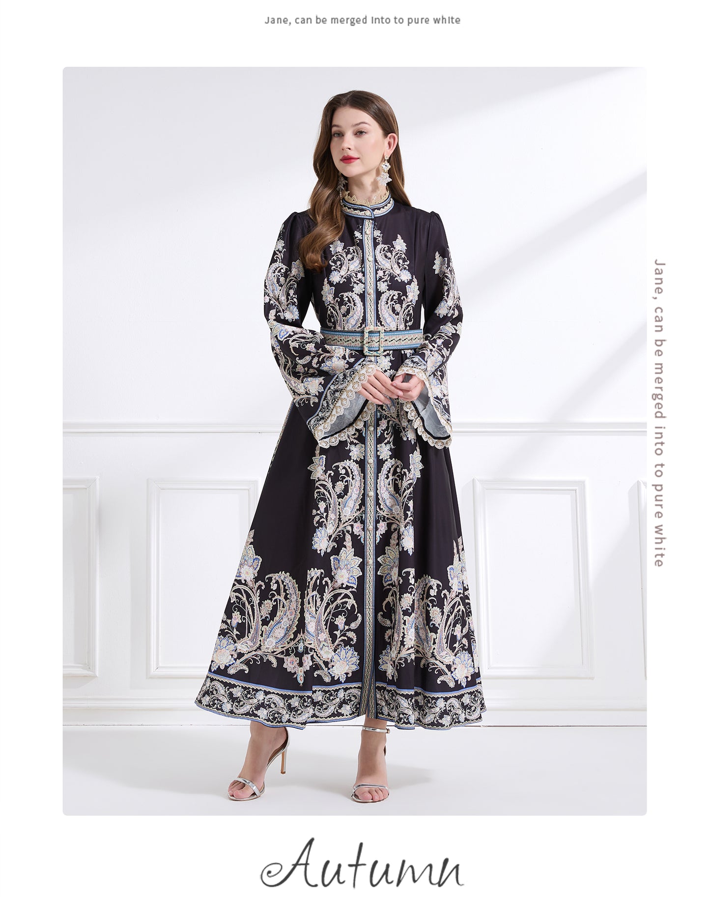 Original design - a court-style retro stand-up collar lace print tunic with a large hem waist