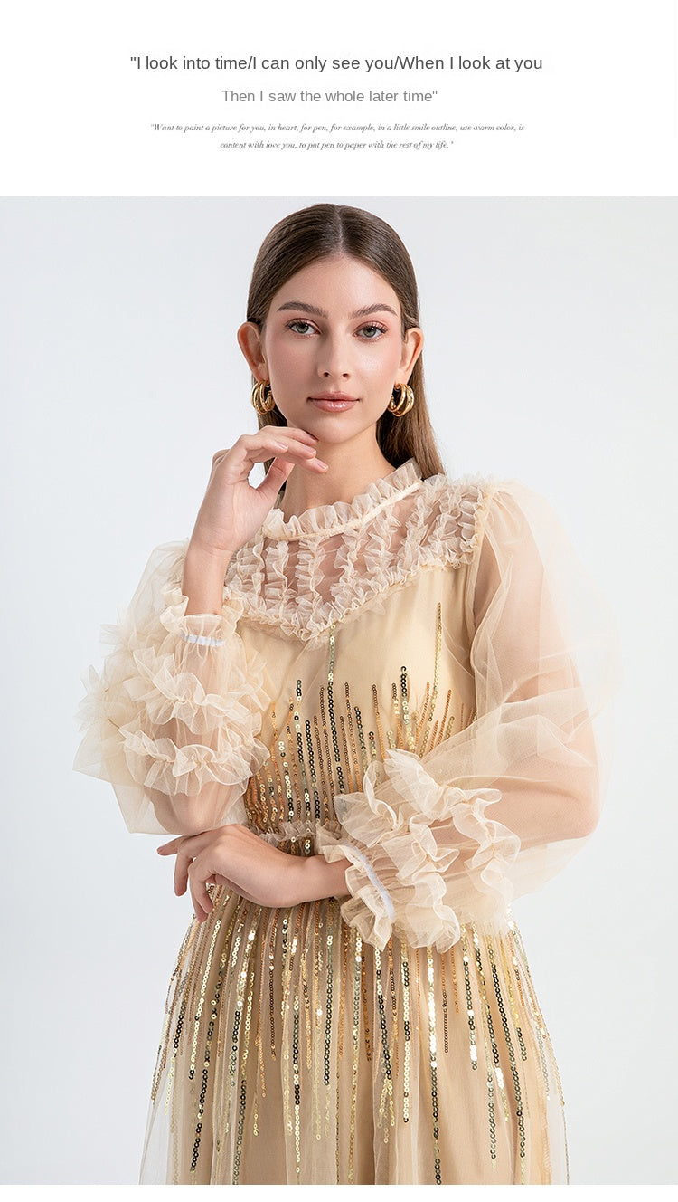 Original Design Heavy Industry Embroidered Glitter Mesh Splicing Black Fungus Edge Temperament Dress