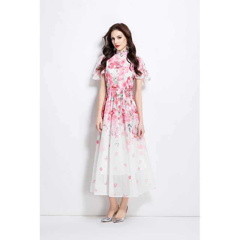 Original design for spring and summer small flying sleeves, ruffled edges, floral patterns, colorful waist cinched stand up collar dress