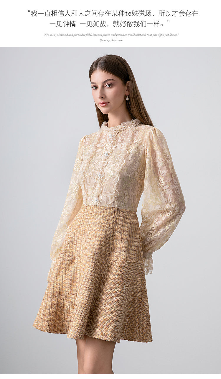 Original Design Heavy Industry Boutique Lace Splicing Coarse tweed Temperament Fake Two Small Fragrant Nail Bead Dresses