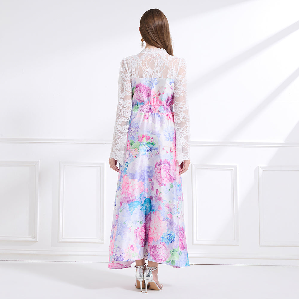 Original design - spring and summer resort style lace patchwork print waist maxi skirt ruffle dress