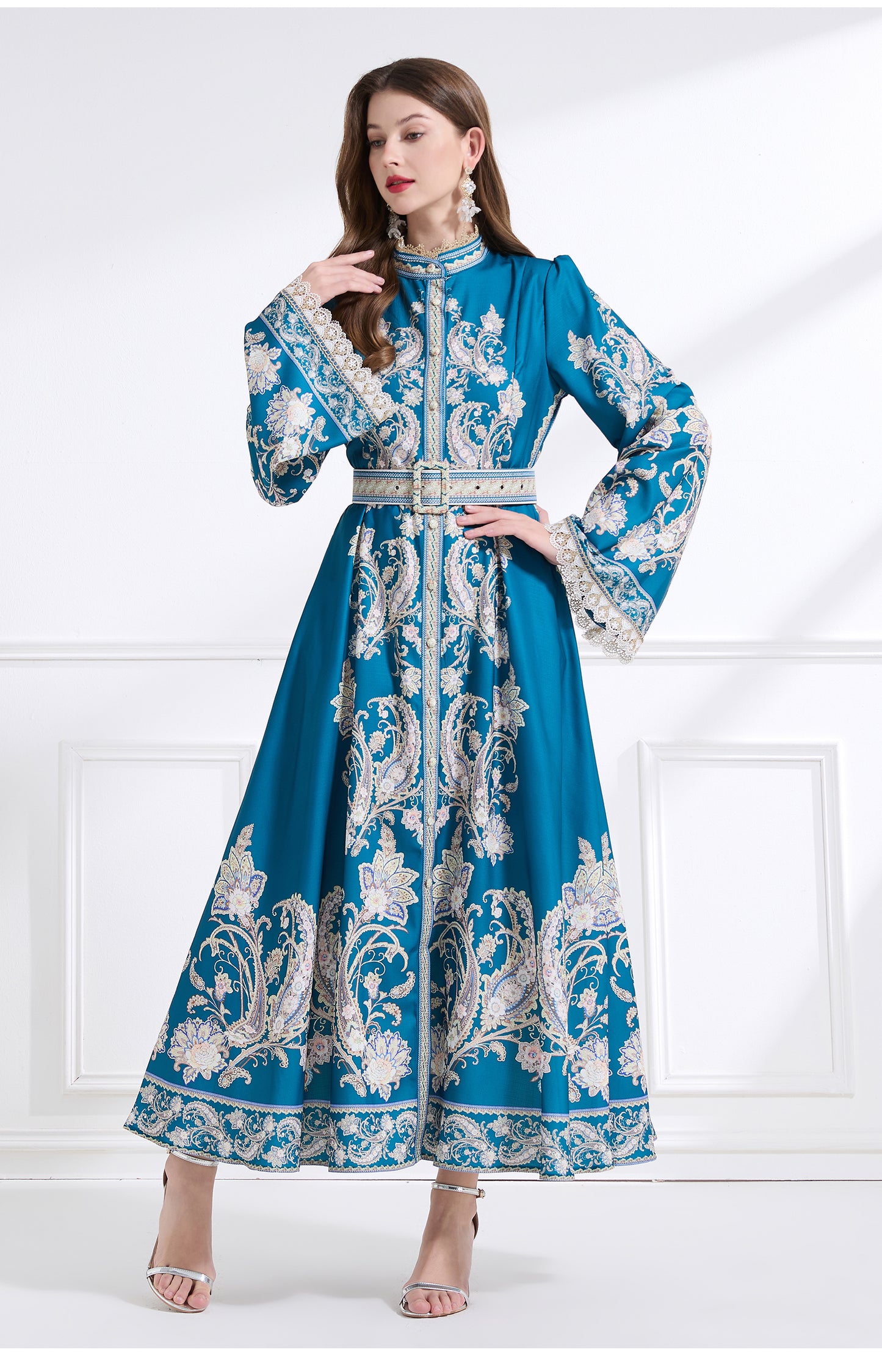 Original design - court-style vintage stand-up collar lace print tunic with large hem waist