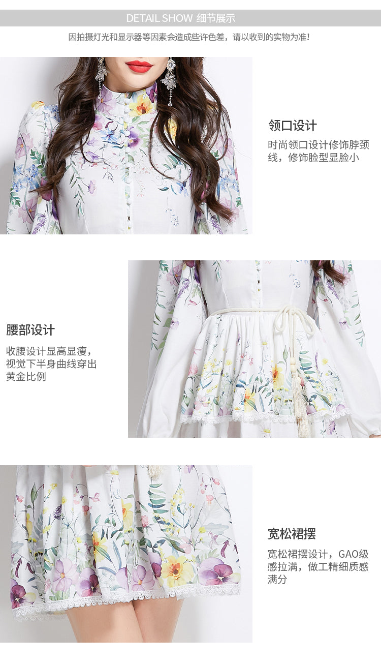 Original Design Spring/Summer/Autumn Vacation Long Sleeve Floral Colorful Waist Collar Cake Dress