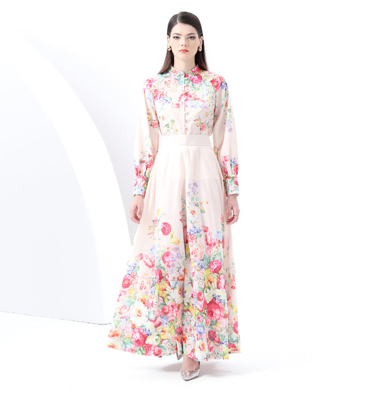 Original Design Spring/Summer Retro Style Stand up Collar High Waist Wave Edge Printed Dress Set, Two Piece
