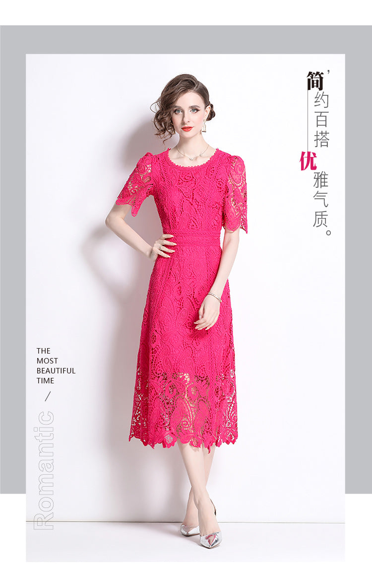 Original design temperament short sleeved skirt slim fit waist cinching heavy industry water-soluble lace dress for women