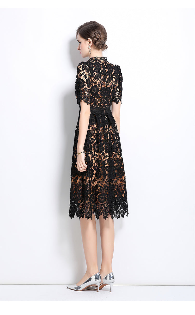 Original design short sleeved slimming hollow out water-soluble lace positioning mid length dress