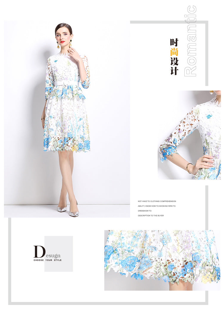 Original design mid long sleeved fashionable slimming hollow out water-soluble lace positioning mid length dress