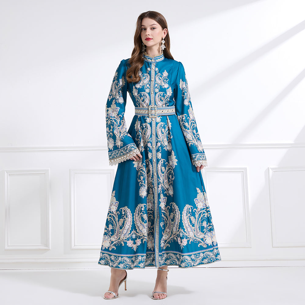 Original design - court-style vintage stand-up collar lace print tunic with large hem waist