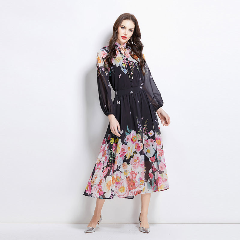 Original Design Spring Summer Autumn Vacation Lantern Sleeve Chiffon Shirt High Waist Half Skirt Two Piece Set
